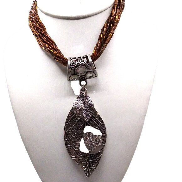 Vintage Torsade Necklace with Chunky Silver Pendant Slide, Pierced Leaf - Picture 4 of 6